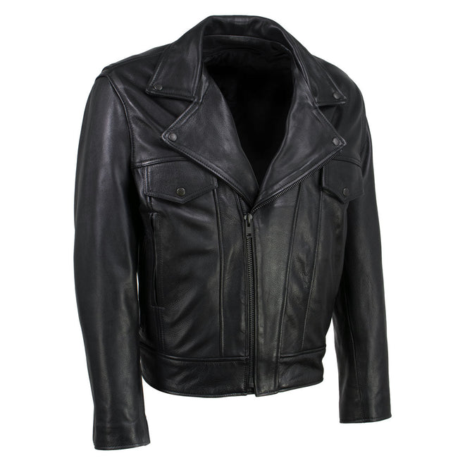 Hot Leathers men's black leather motorcycle jacket with vented design, made in the USA, featuring the Revolve style.