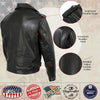 Back view of Hot Leathers Men's The Dean black leather motorcycle jacket with detailed stitching and premium leather finish.