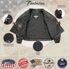 Inside view of Hot Leathers Men's The Dean black leather motorcycle jacket showing lining and interior features.
