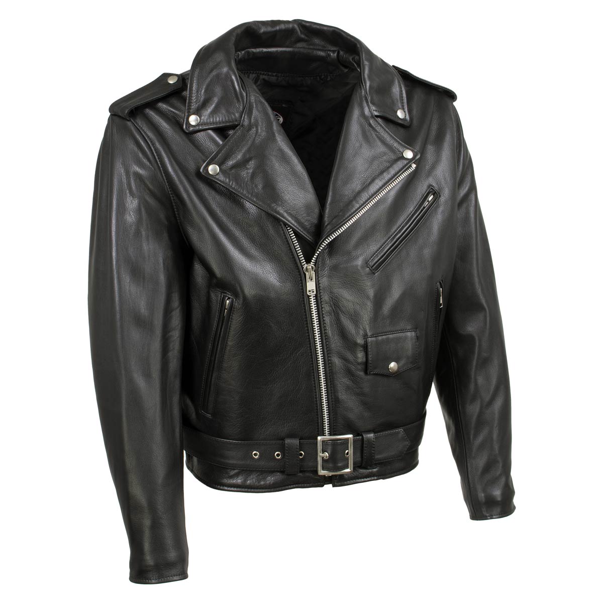Black men's motorcycle jacket from Hot Leathers, "The Dean" USA-made premium leather throwback jacket with classic design.