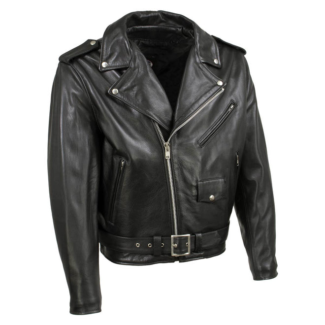 Black men's motorcycle jacket from Hot Leathers, "The Dean" USA-made premium leather throwback jacket with classic design.