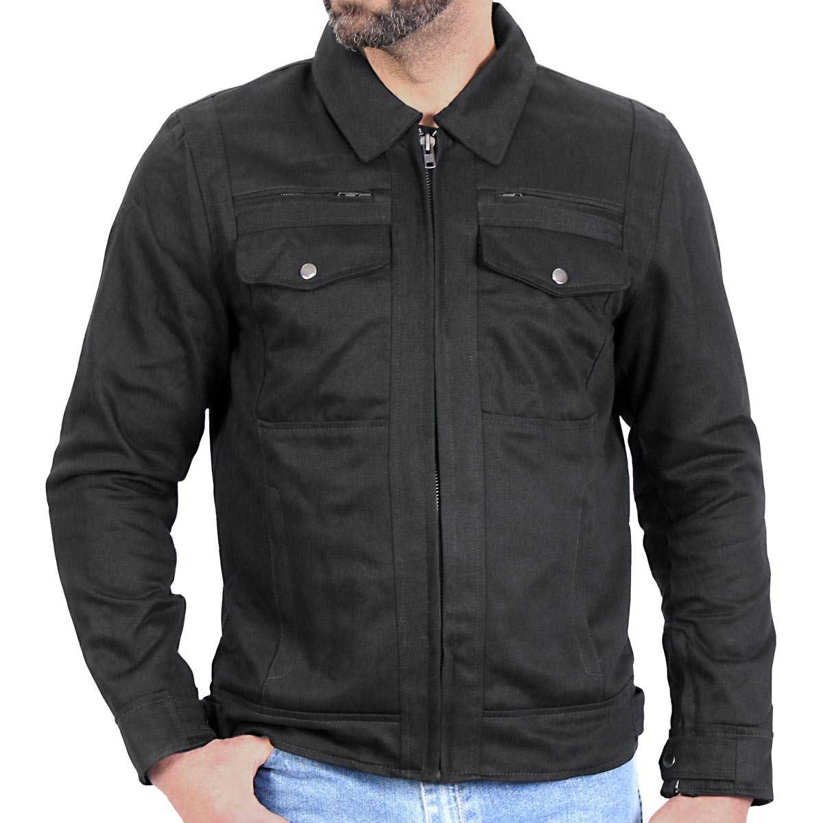 Men's black denim armored shirt jacket by Hot Leathers, featuring a rugged design with visible armor padding and a classic fit.