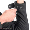 Men's black denim armored shirt jacket by Hot Leathers, featuring sturdy design and protective padding, displayed on a hanger.