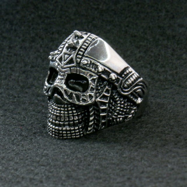 Hot Leathers Men's Cyborg Skull stainless steel ring, detailed accessory featuring a bold skull design in silver-tone metal.
