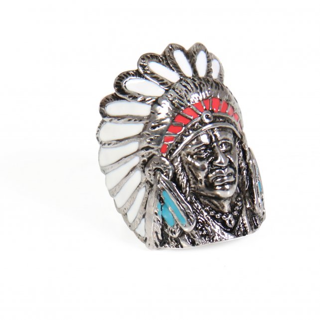 Hot Leathers men's painted Indian chief stainless steel ring, detailed accessory with colorful Indian chief design.