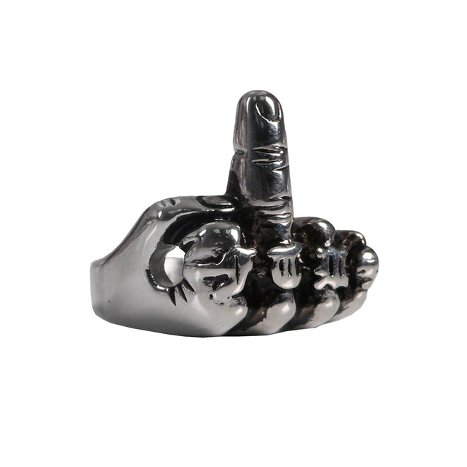 Hot Leathers men's stainless steel ring featuring a middle finger design, a bold accessory for motorcycle and biker style.