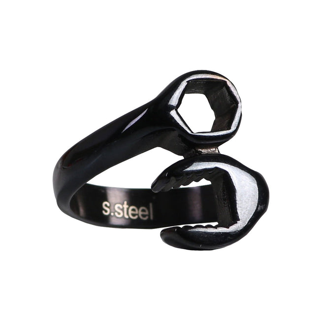 Black stainless steel wrench ring for men by Hot Leathers, featuring a detailed wrench design.