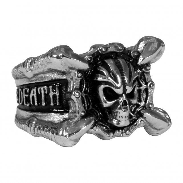 Hot Leathers men's stainless steel skull ring from the Freedom or Death collection, featuring bold skull design and metallic finish.