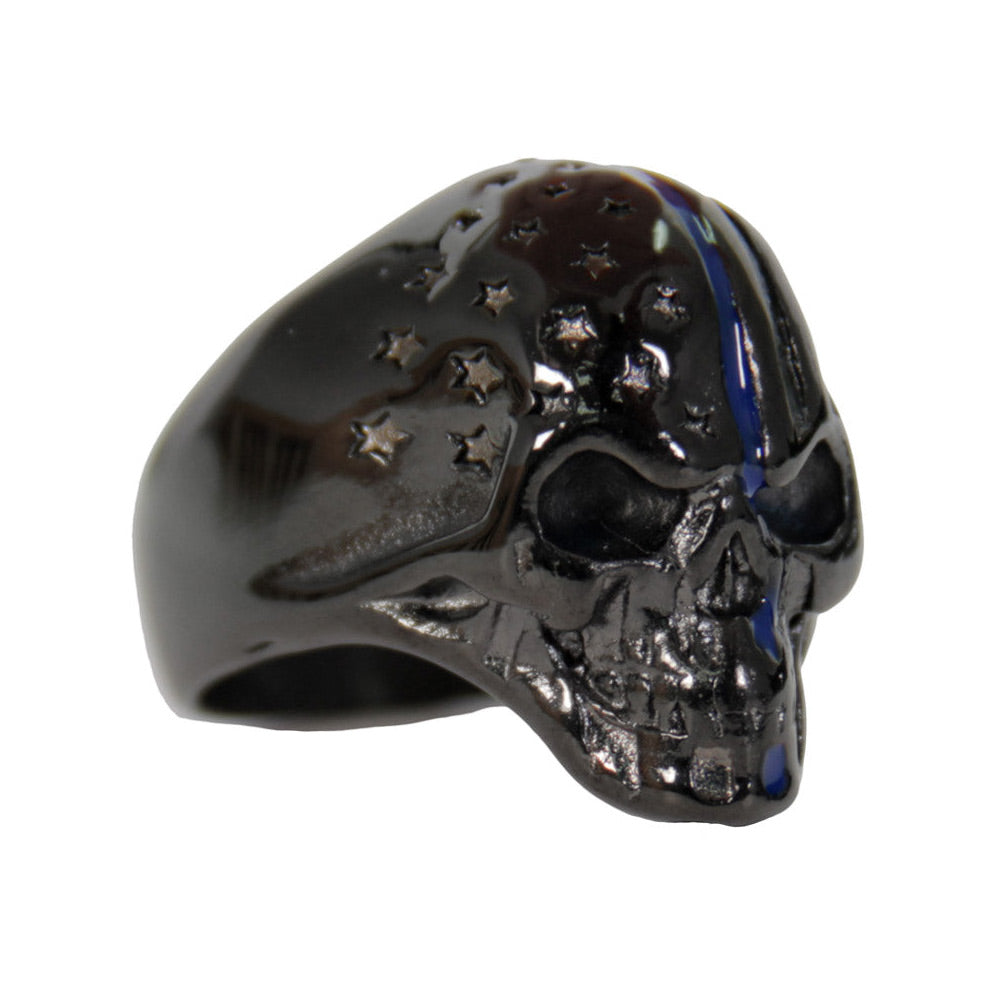 Black stainless steel ring featuring a Police Flag Skull design by Hot Leathers, men's accessories with bold, detailed artwork.