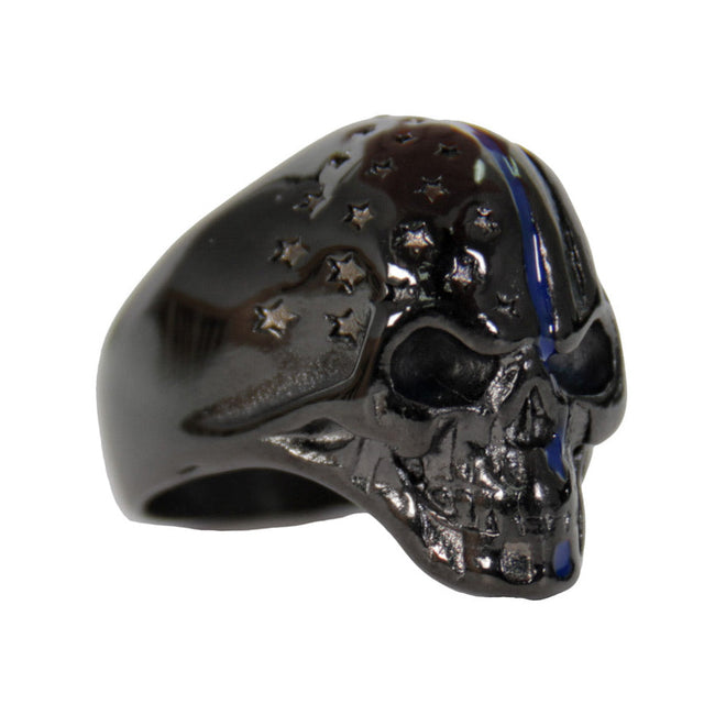 Black stainless steel ring featuring a Police Flag Skull design by Hot Leathers, men's accessories with bold, detailed artwork.