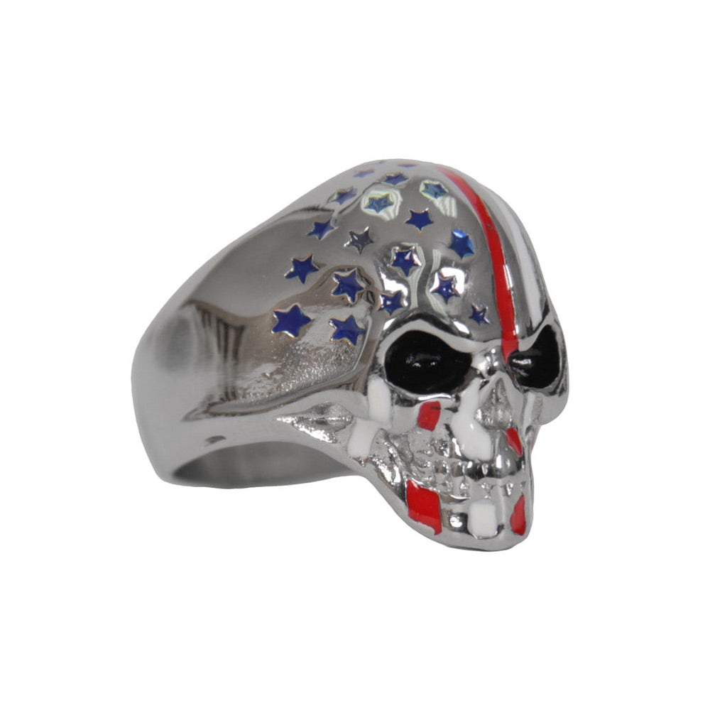 Hot Leathers Men's Silver American Flag Skull Stainless Steel Ring showing detailed skull and American flag design.