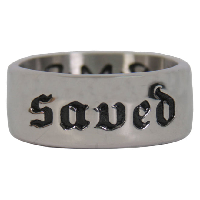 Hot Leathers men's silver stainless steel "SAVED" ring, accessory with engraved design, showcasing a sleek, polished finish.