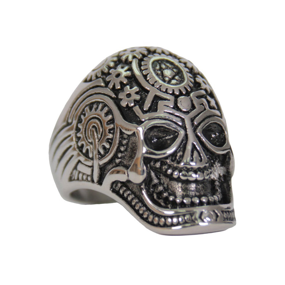 Hot Leathers men's silver Quantum Mechanic Skull stainless steel ring with intricate skull design, accessory for motorcycle or biker style.