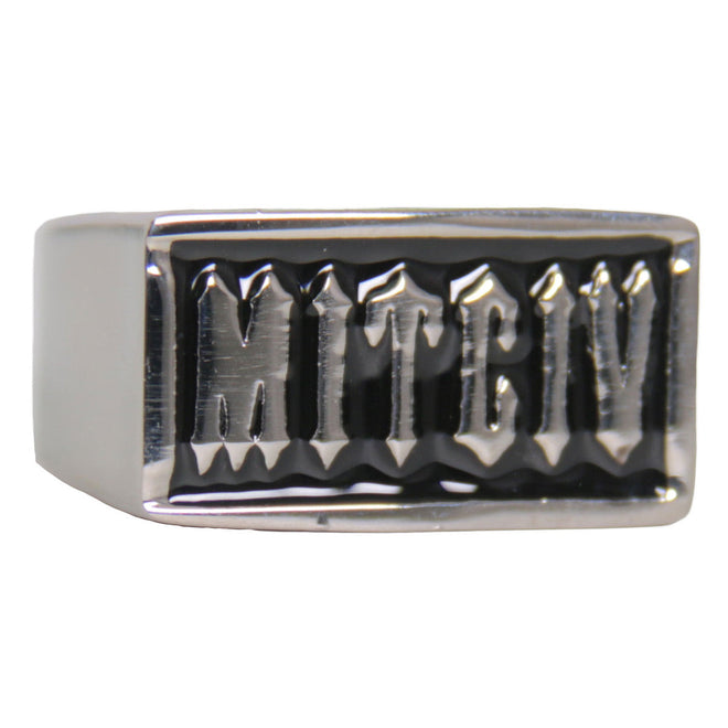 Hot Leathers men's silver 'Victim' stainless steel ring, showcasing a bold accessory with engraved design on a plain background.