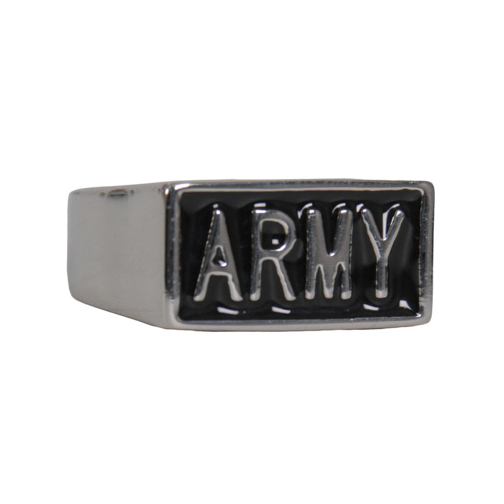 Hot Leathers Men's Silver Army stainless steel ring, rugged accessories with engraved military design, on a plain background.