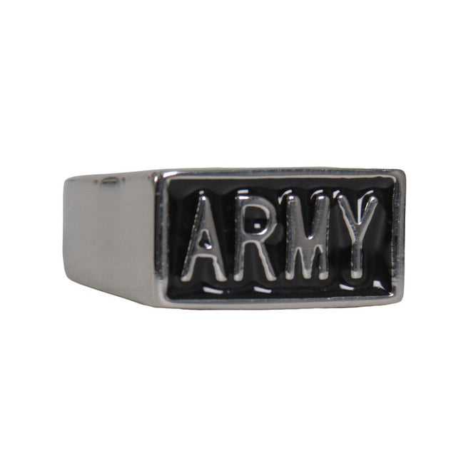 Hot Leathers Men's Silver Army stainless steel ring, rugged accessories with engraved military design, on a plain background.