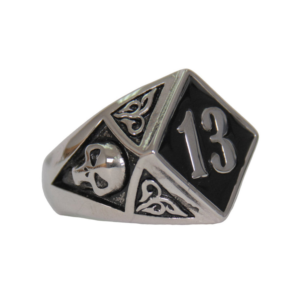 Hot Leathers Lucky 13 stainless steel ring for men with silver finish, featuring a bold design and detailed accents.