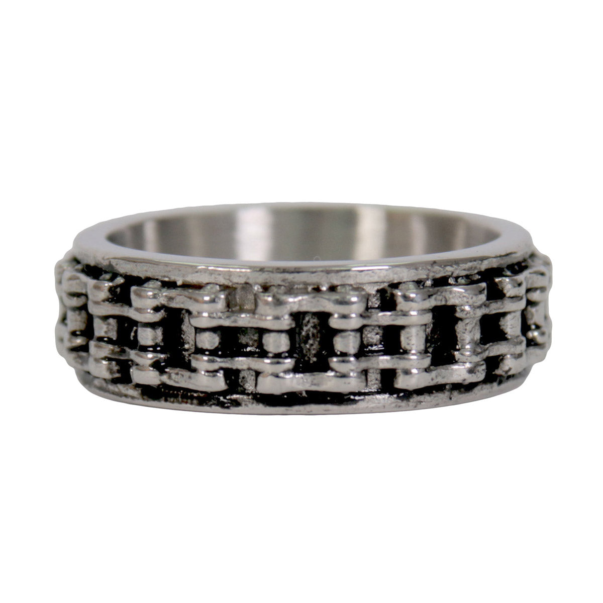 Men's Silver Bike Chain Stainless Steel Ring by Hot Leathers, features a detailed chain design for biker accessories.