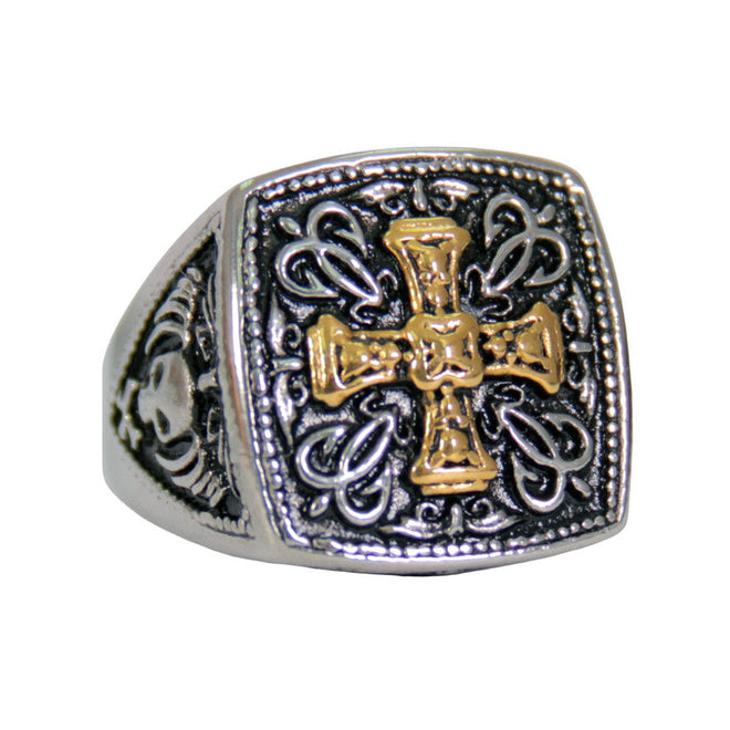 Hot Leathers men's silver stainless steel Greek Cross ring, Gold Edition, detailed jewelry accessory with intricate design.