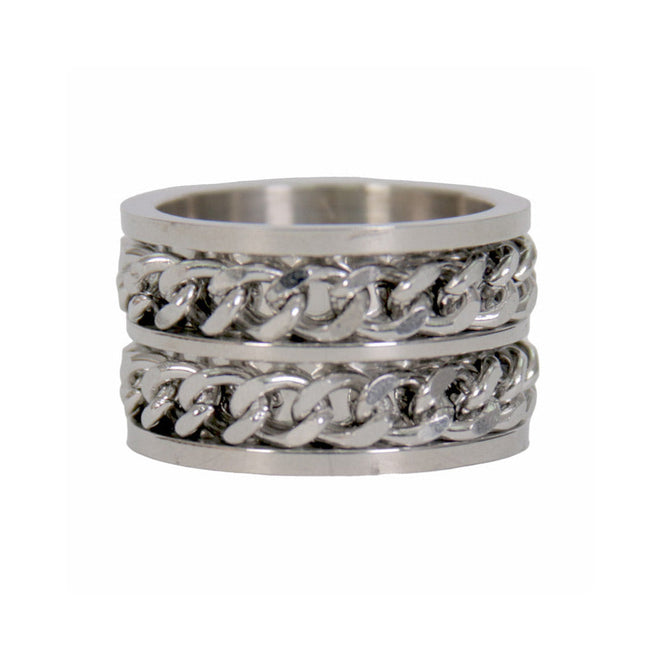 Hot Leathers men's silver stainless steel double chain ring, stylish accessory with intricate chain design, perfect for bold fashion statements.