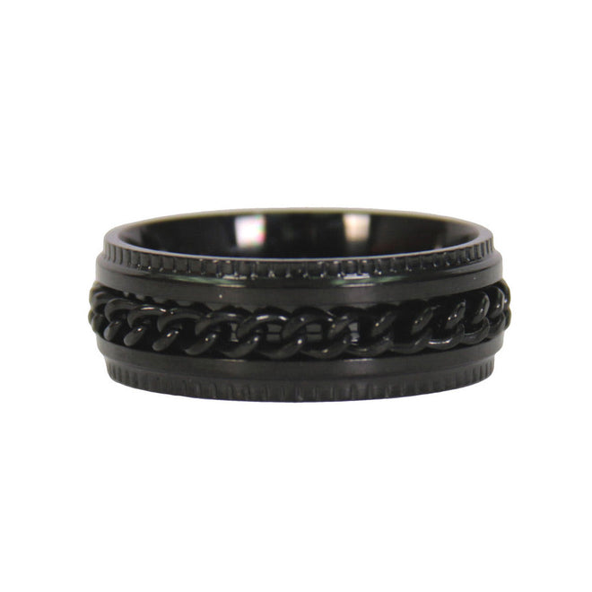 Black men's Cuban Link stainless steel ring by Hot Leathers, showcasing a bold, smooth chain link design.