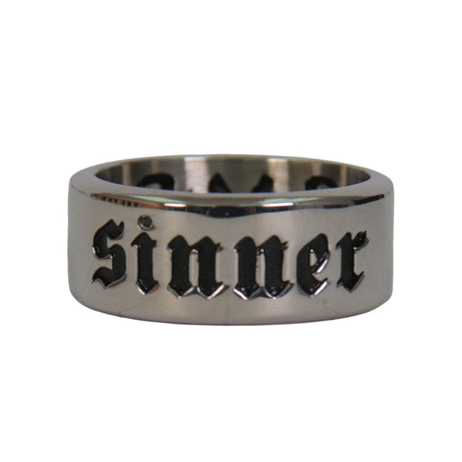 Men's Silver Wide Band Sinner Stainless Steel Ring by Hot Leathers, close-up of the engraved design on the accessory.
