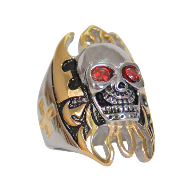 Hot Leathers men's stainless steel ring featuring silver skull and gold tone flame design, accessory with bold, edgy style.