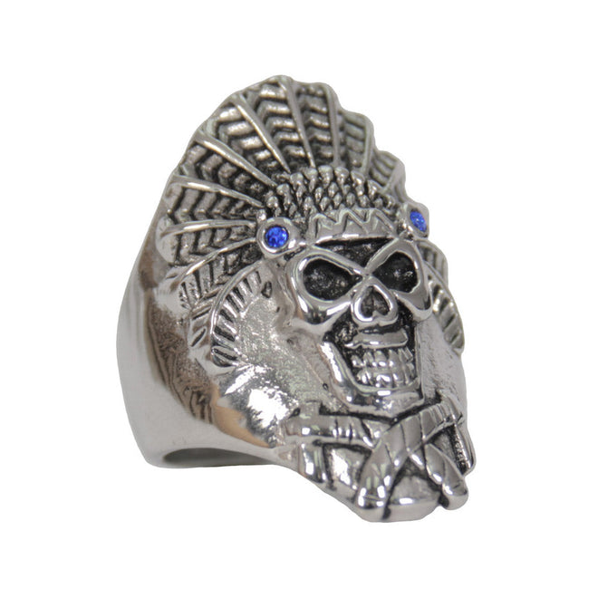 Hot Leathers men's stainless steel ring featuring a silver Indian headdress design with blue stone accents.
