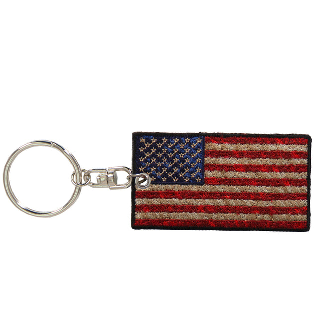 Hot Leathers Key Chain with distressed American flag patch, featuring a patriotic design and metal keyring attachment.