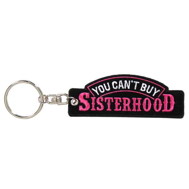 Hot Leathers Key Chain Patch "You Can't Buy Sisterhood" featuring bold embroidery and vibrant design, attached to a metal key ring.