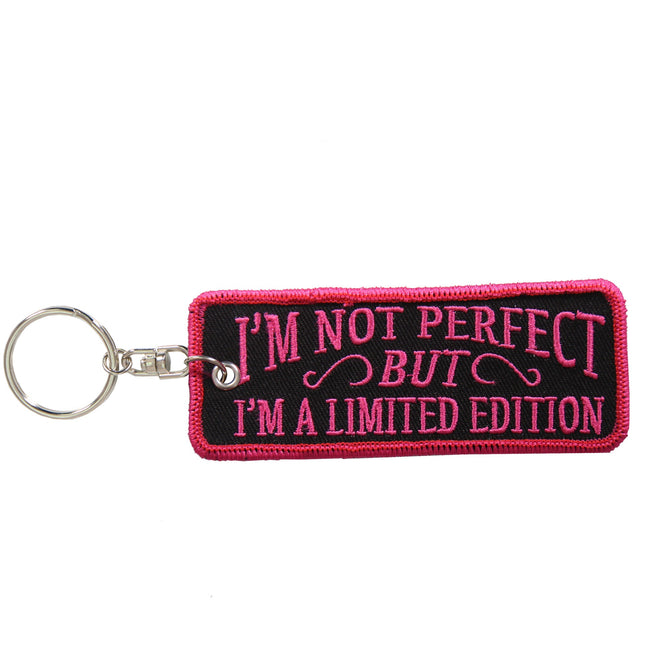 Hot Leathers Key Chain with "I'm Not Perfect" patch, featuring a leather keychain with embroidered design and metal keyring.