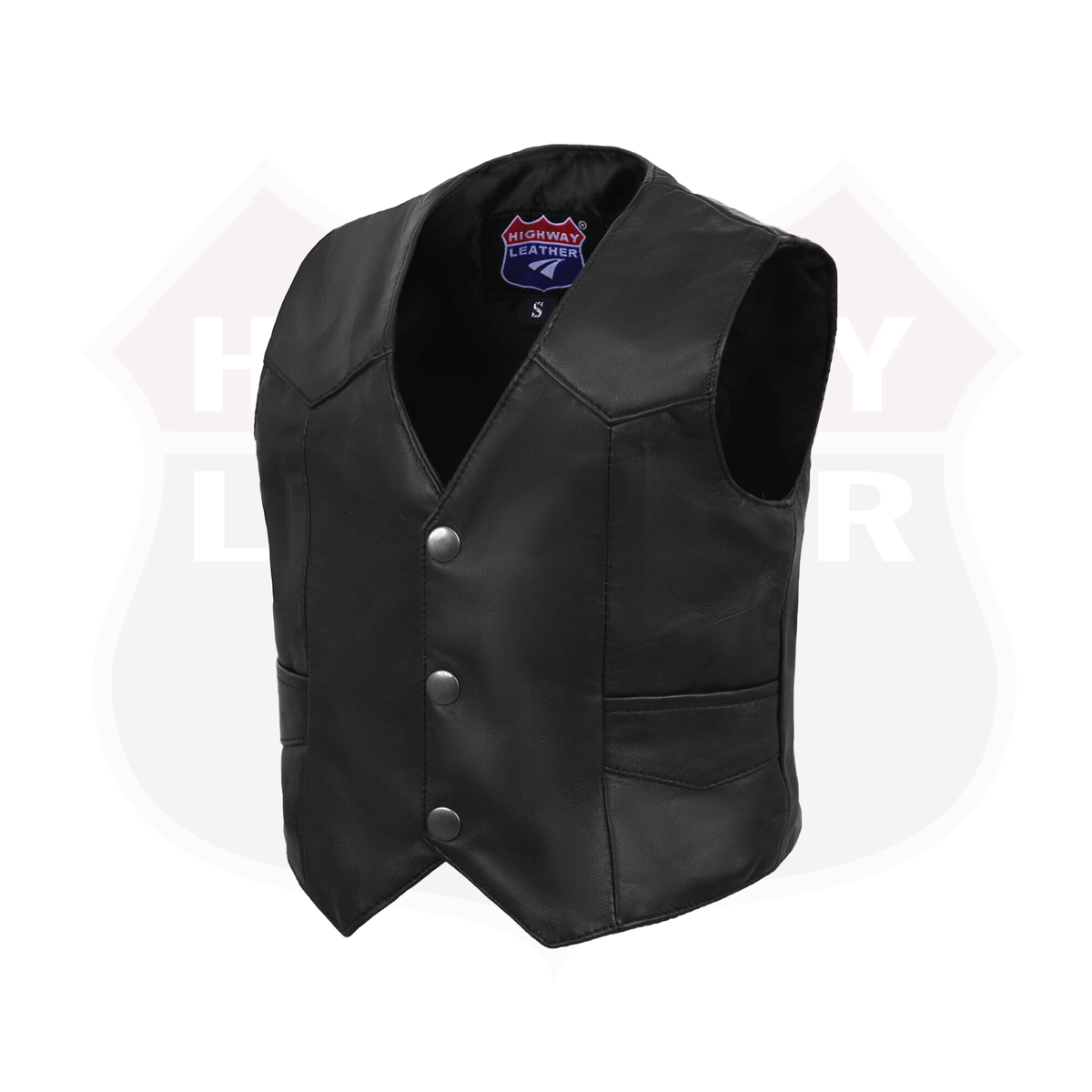 Kids' unisex black leather motorcycle vest by Buffalo Leather Gear, featuring classic western style and soft leather construction.