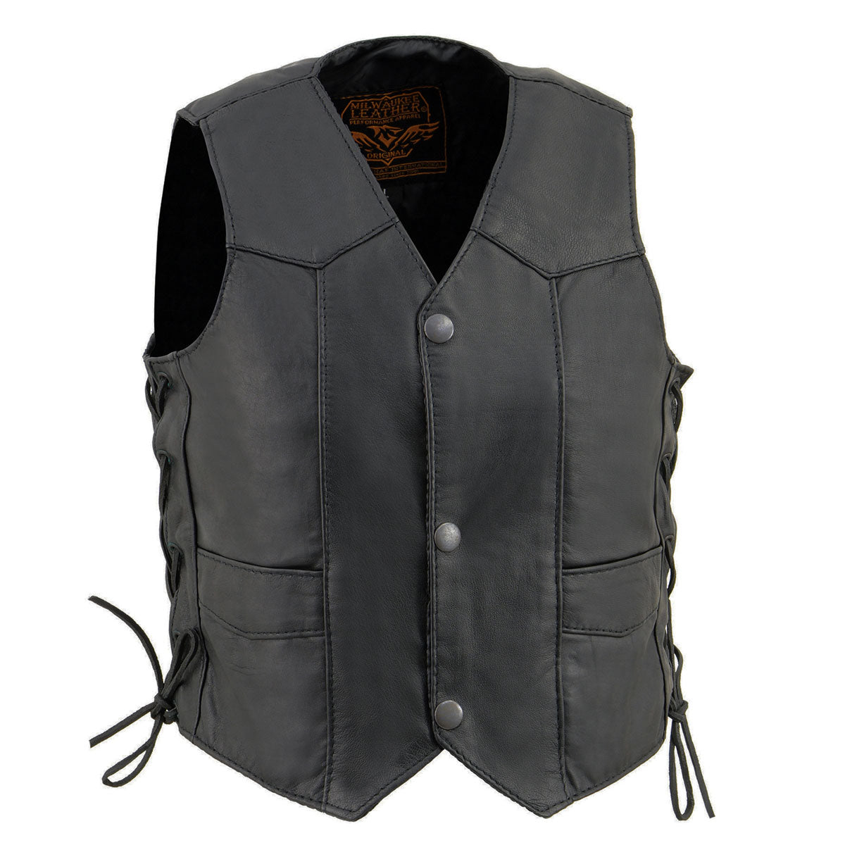 Kids black leather vest with side laces and snap closures, classic design by Buffalo Leather Gear, suitable for children.
