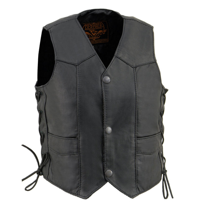 Kids black leather vest with side laces and snap closures, classic design by Buffalo Leather Gear, suitable for children.