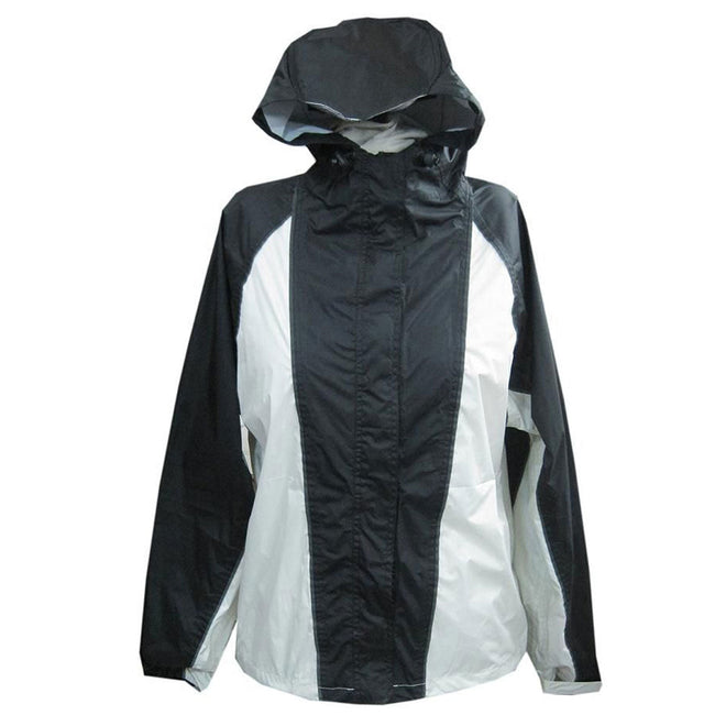 Milwaukee Leather NexGen Ladies SH2333 beige and black waterproof rain suit with hood, designed for outdoor protection.