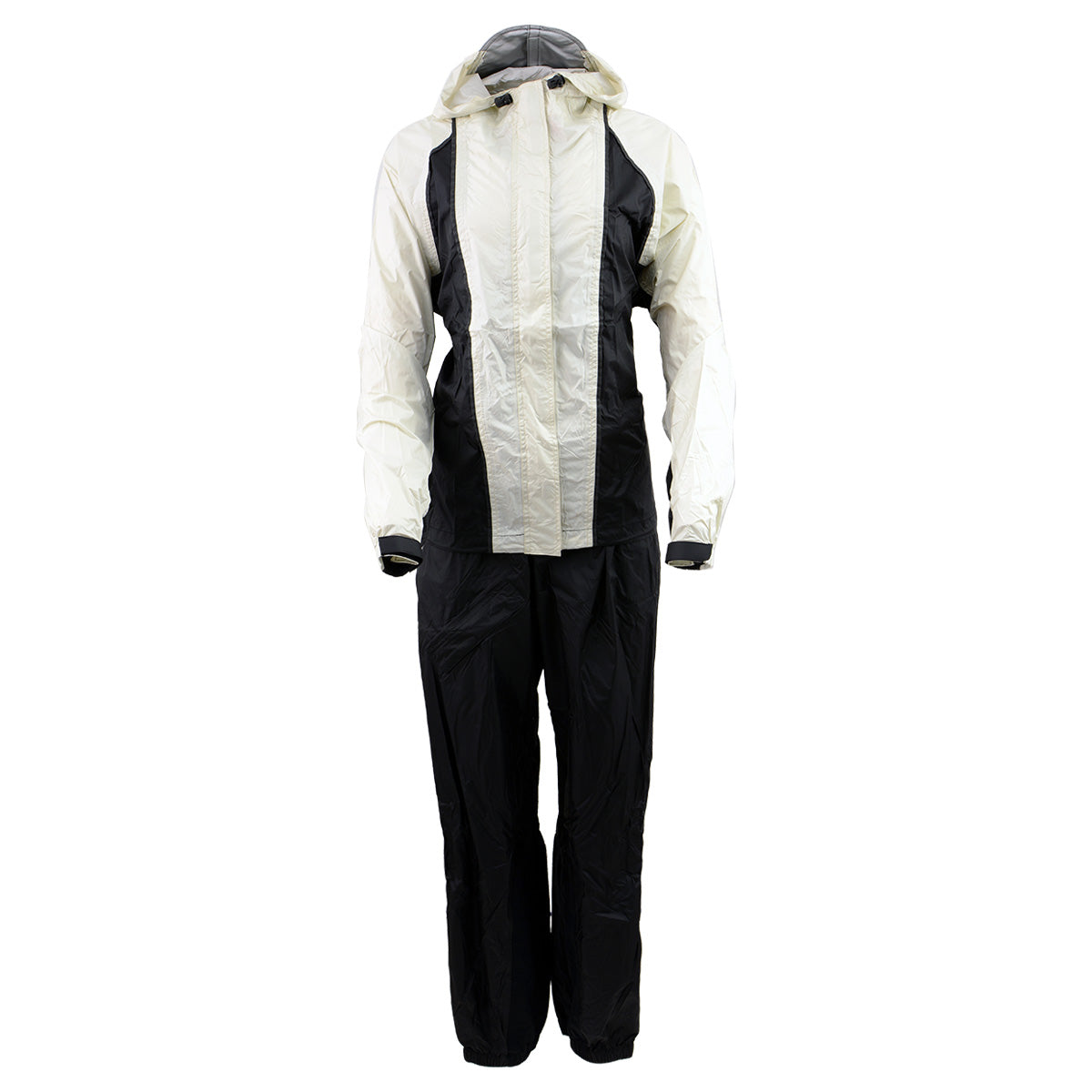 Milwaukee Leather NexGen Ladies beige and black waterproof hooded rain suit, lightweight and protective for rainy weather.