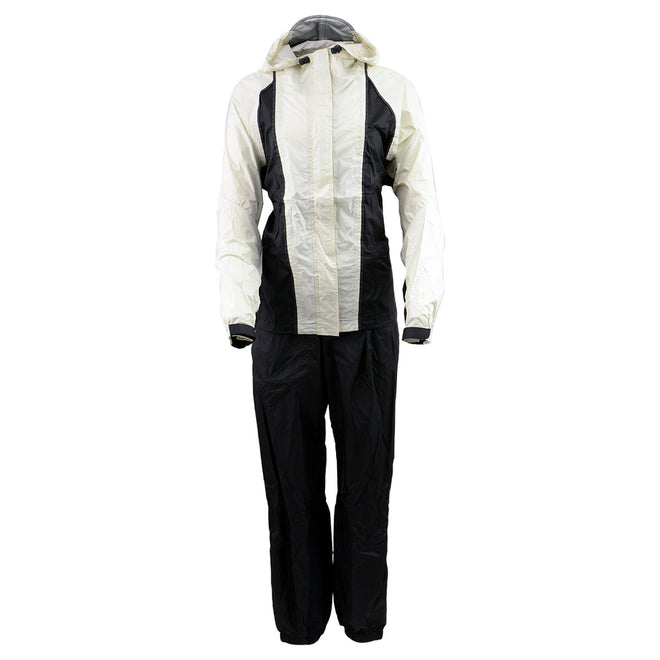 Milwaukee Leather NexGen Ladies beige and black waterproof hooded rain suit, lightweight and protective for rainy weather.