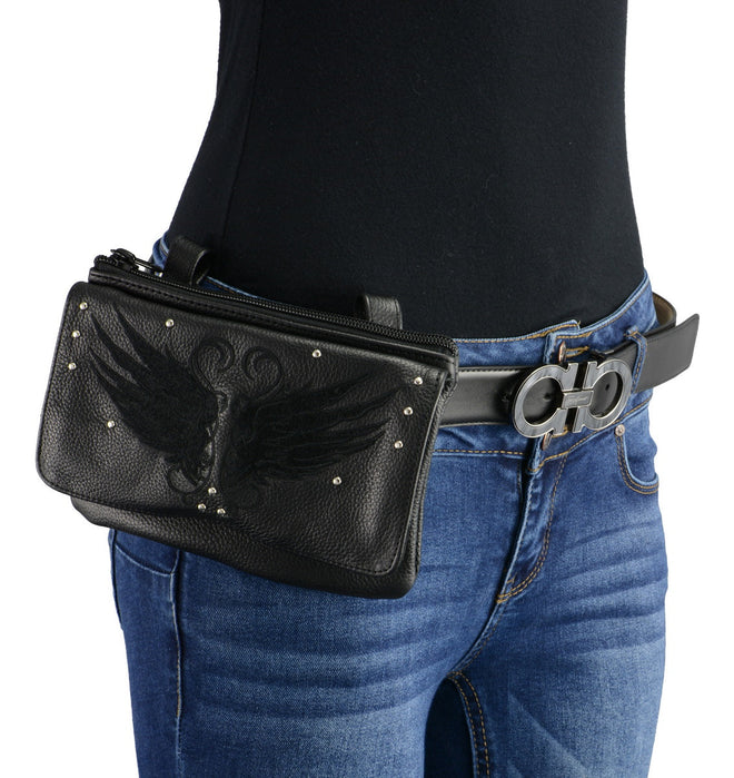 Milwaukee Leather black leather ladies belt bag with winged design and multiple pockets, clip and thigh strap for versatile carrying.