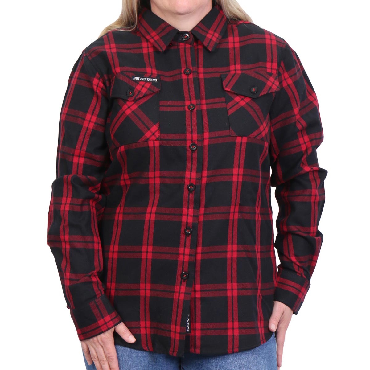 Hot Leathers ladies black and red flannel long sleeve shirt, stylish textile clothing with a classic plaid design.