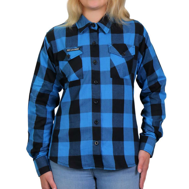 Hot Leathers ladies black and aqua long sleeve flannel shirt, stylish textile clothing with a button-up design.