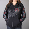 Black ladies' hoodie sweatshirt by Hot Leathers with "Live, Love, Ride" and roses artwork, casual textile clothing for women.