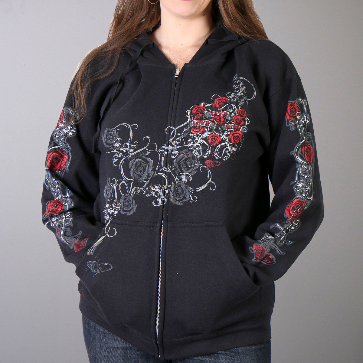 Black ladies' hoodie sweatshirt by Hot Leathers with "Live, Love, Ride" and roses artwork, casual textile clothing for women.