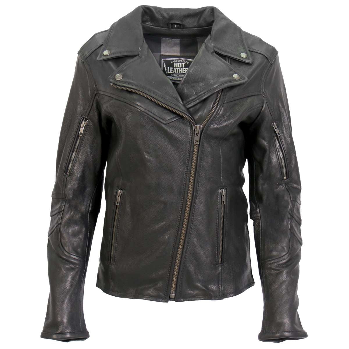 Hot Leathers women's black leather motorcycle jacket with plaid flannel lining and stylish design.