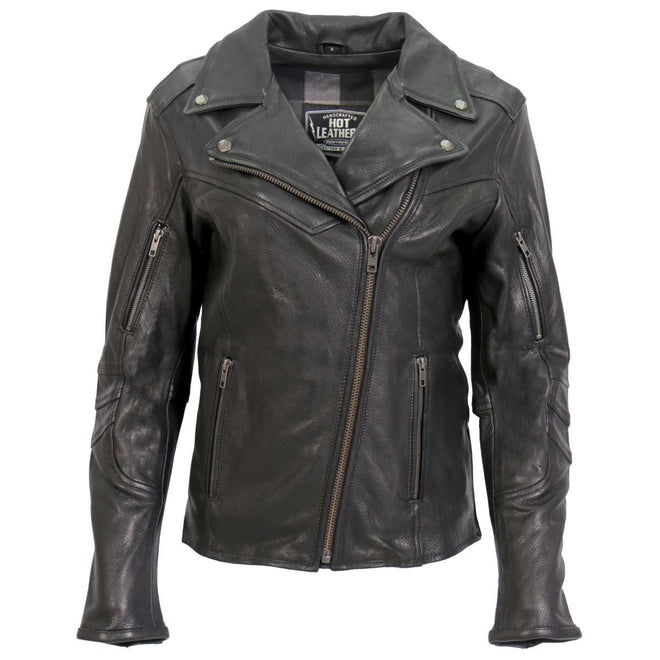 Hot Leathers women's black leather motorcycle jacket with plaid flannel lining and stylish design.