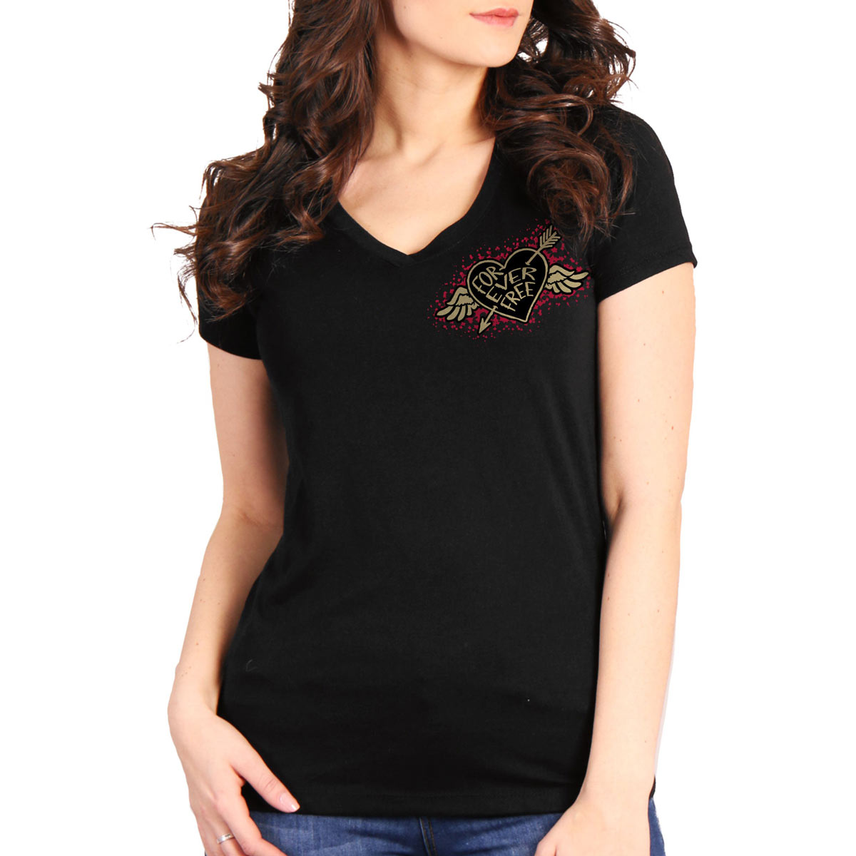 Black V-neck T-shirt for women with rose and wings graphic by Hot Leathers, featuring a stylish design and casual fit.