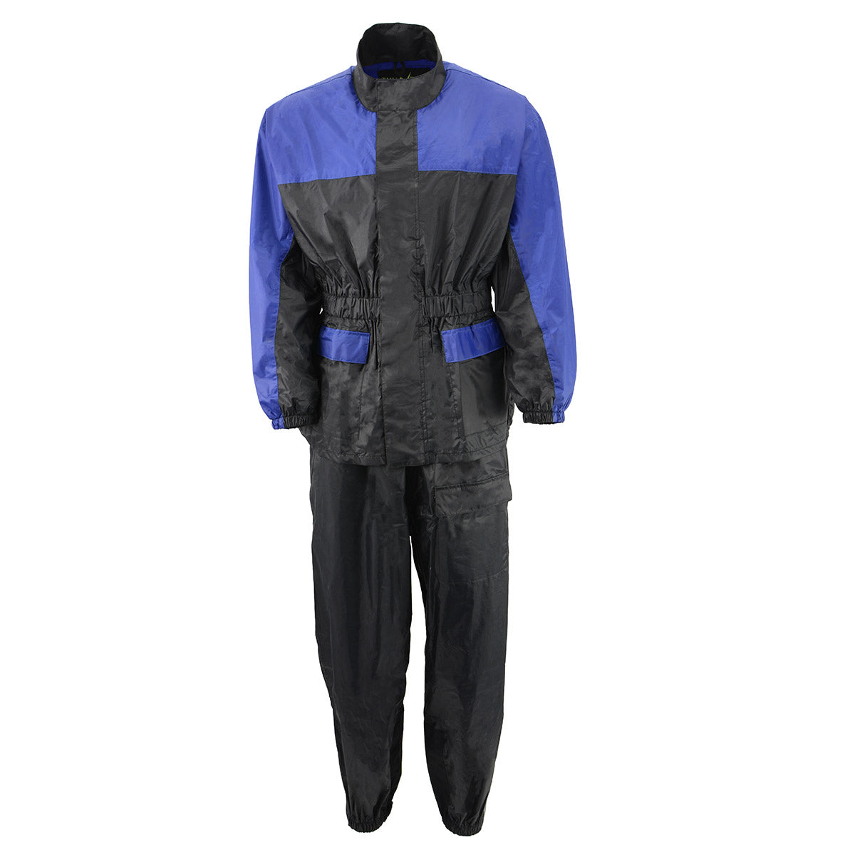Milwaukee Leather women's XS5031 blue and black waterproof rain suit with cinch sides, designed for rain protection and comfort.