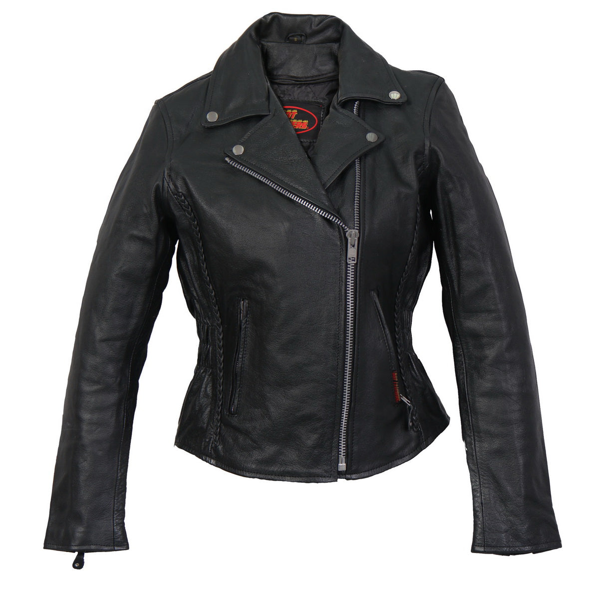 Hot Leathers ladies braided motorcycle leather jacket for women, stylish black jacket with braided details and classic fit.