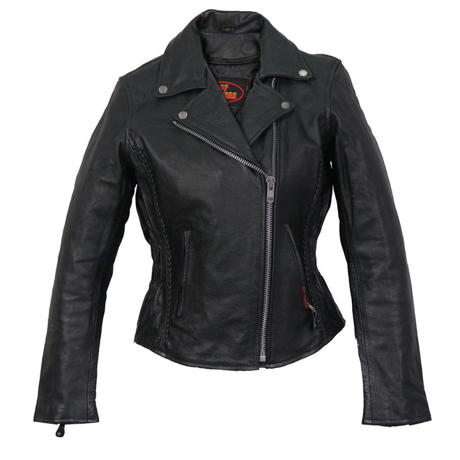 Hot Leathers ladies braided motorcycle leather jacket for women, stylish black jacket with braided details and classic fit.