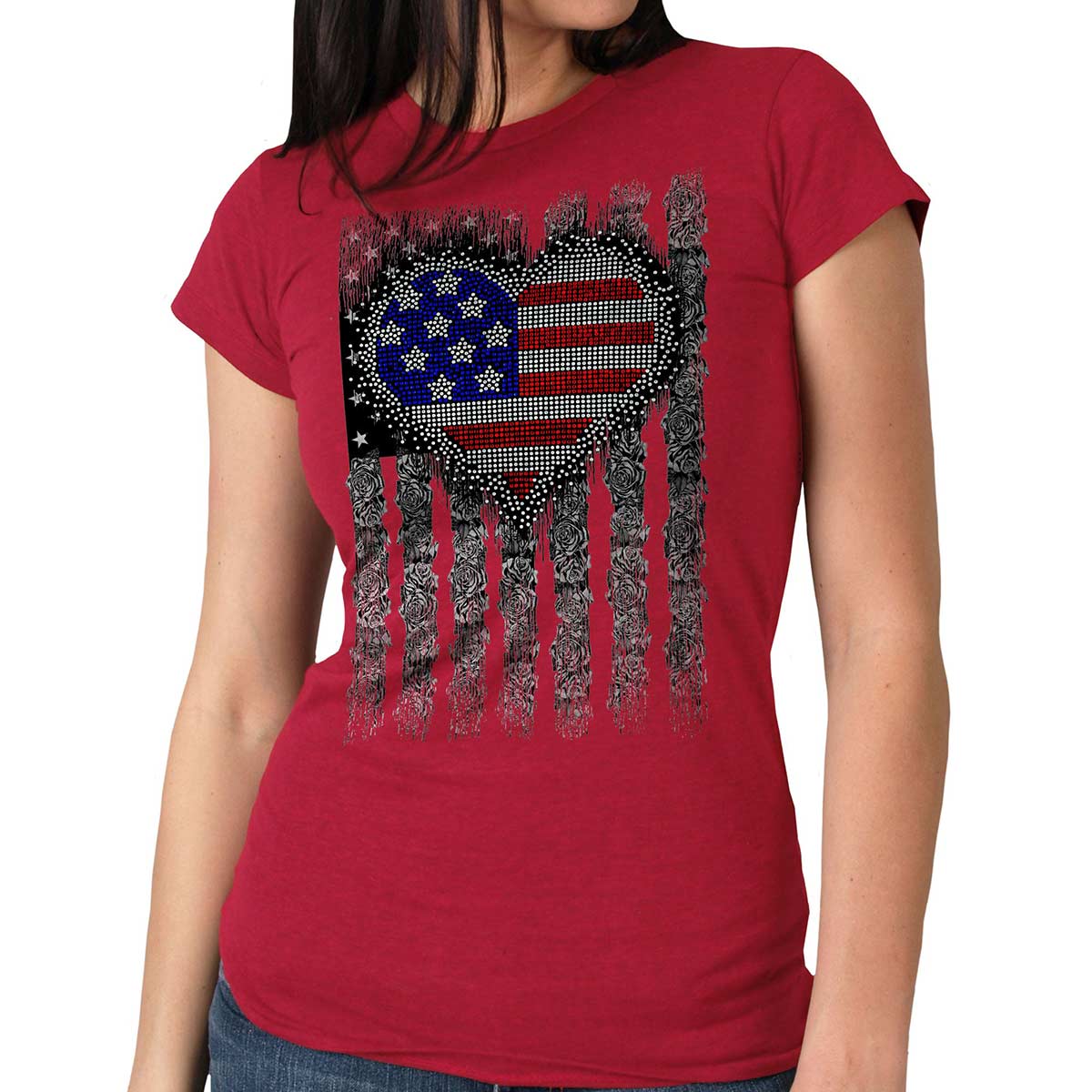 Hot Leathers Ladies Antique Cherry Heart Bling Flag shirt, event-dated design, featuring a cherry color and decorative flag pattern.