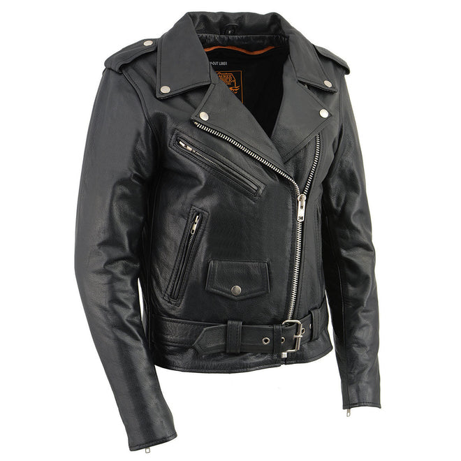 Milwaukee Leather women's black classic police style leather jacket with lapels and zippered pockets, stylish and durable women's jacket